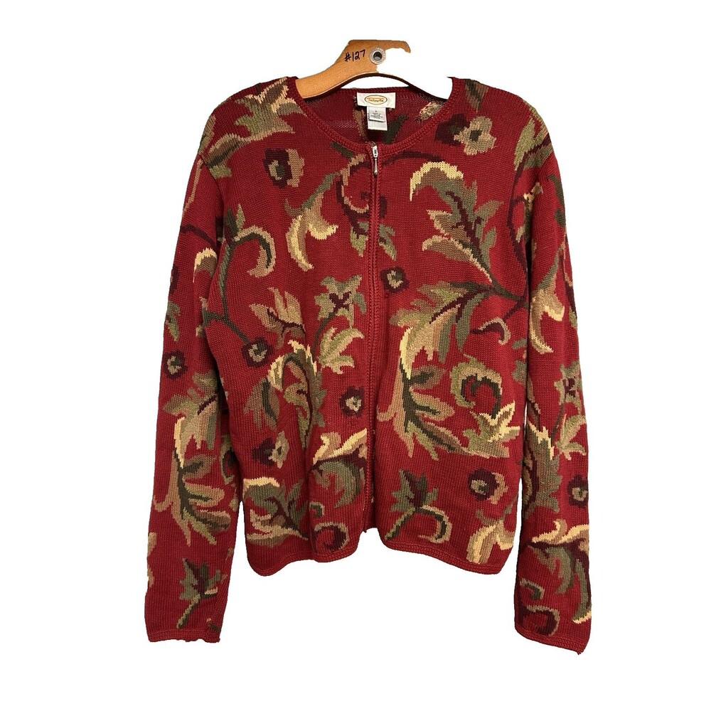 VTG Talbots Women's Size L Red Ramie/Cotton Blend Knit Zip Front Cardigan Leaves